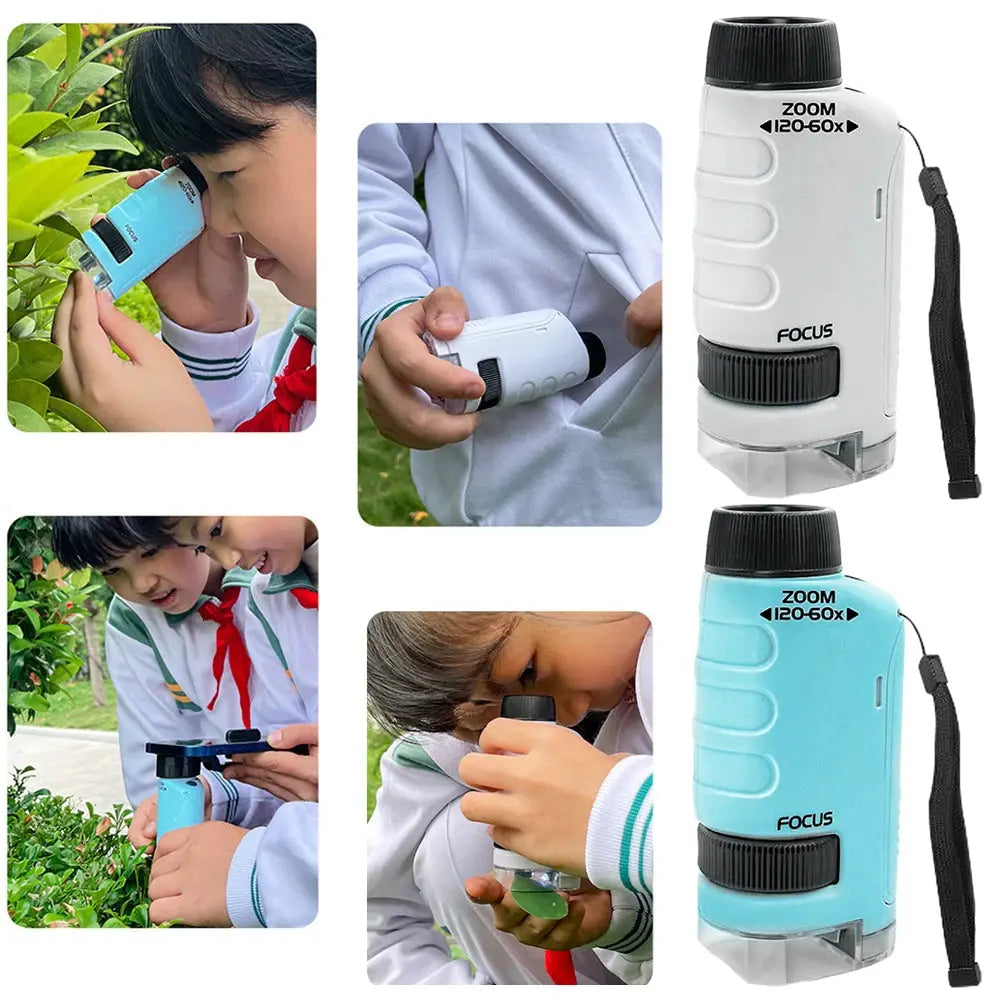 Handheld Pocket Microscope 60-120X Educational Science Microscope Battery Powered Biological Microscope Kit Outdoor Children Toy