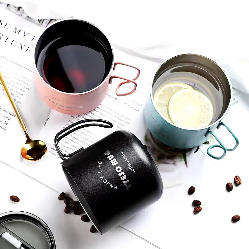 Nordic Style Metal Coffee Cup with Lid Office Workers Portable Coffe Milk Breakfast TYESO Mug Tazze Colazione Caneca Criativa