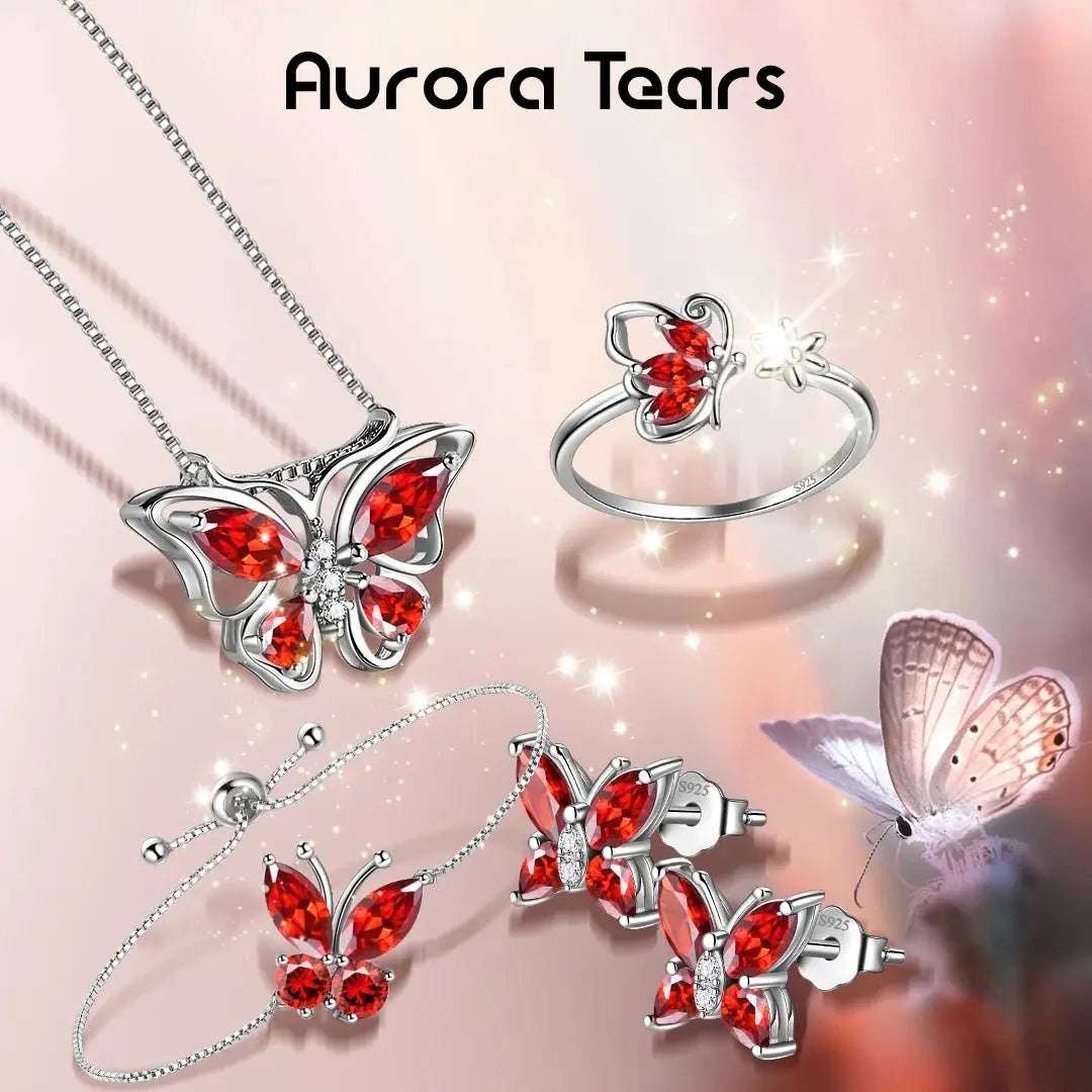 January Birthstone Jewelry Set Red Butterfly Garnet Fine Necklace/Earrings/Ring/Bracelet Sterling Silver Women Xmas Birthday Mother'S Day Gifts